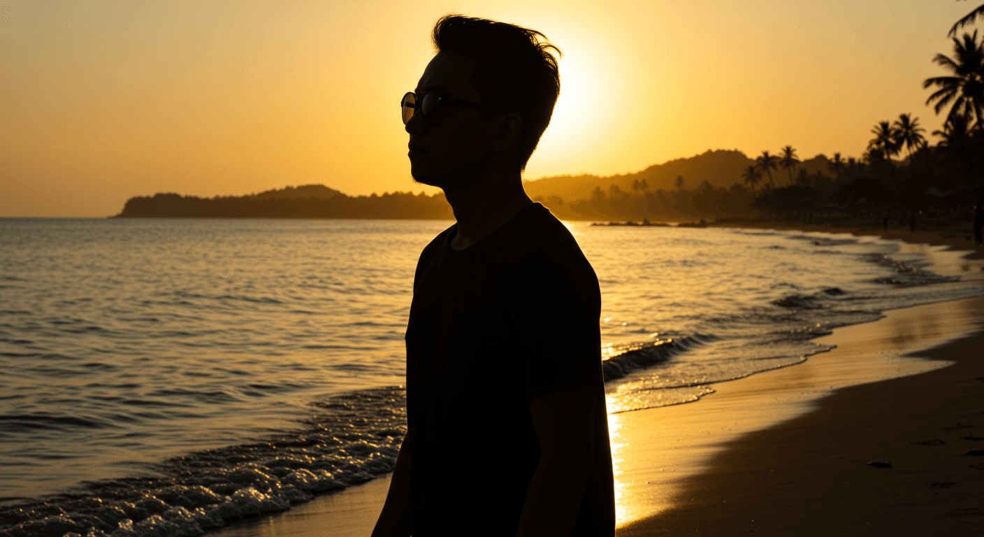 Close-up silhouette of Indonesian man walking on the beach at sunset